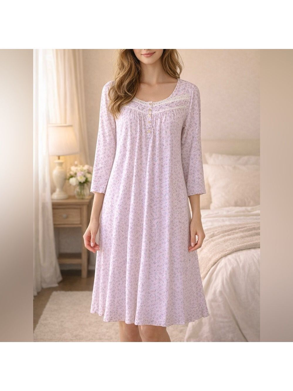 Eileen West Pink Ditsy Rose Print Cotton Flannel Cotton Midi Nightgown size XL